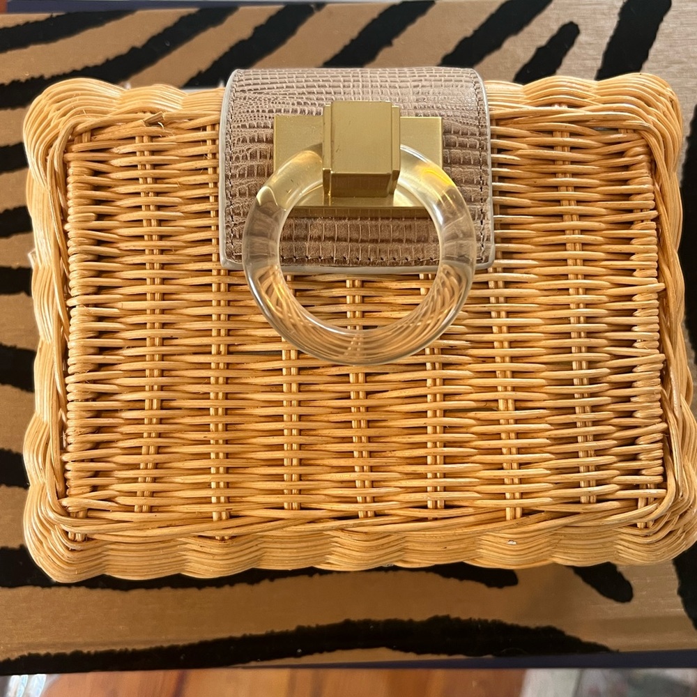 Pamela Munson square box clutch with acrylic ring.